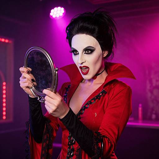Gothic woman with pale makeup, black hair, red jacket, holding a mirror, dramatic pink and purple stage lighting in the background.