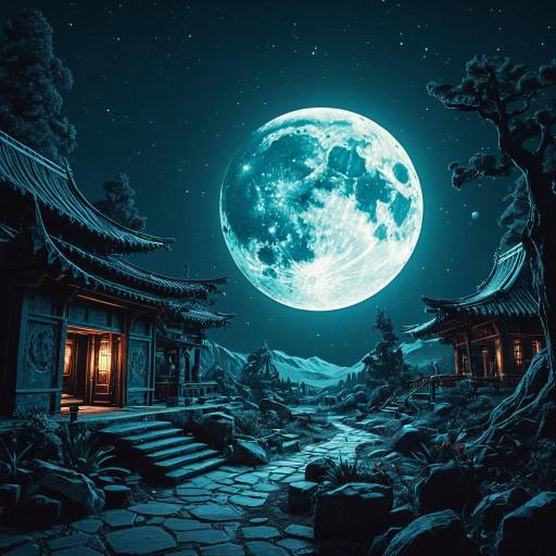 Mystical Full Moon Over Traditional Asian Architecture