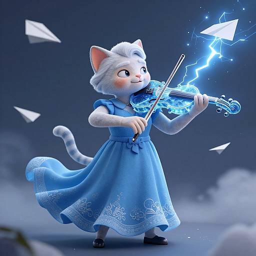 CGI image of a white anthropomorphic cat in a blue dress playing a glowing blue violin, surrounded by floating paper planes and electric sparks against a dark