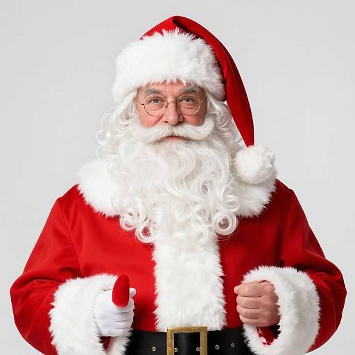 Photograph of a traditional, elderly Santa Claus with a white beard, round glasses, red hat, and coat, holding a Santa bag against a white