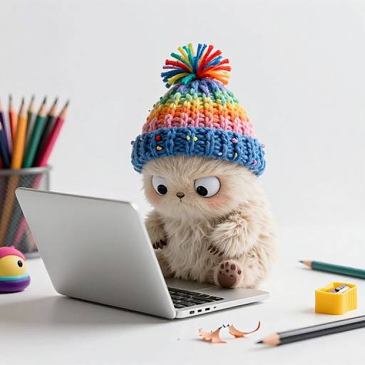 Photograph of a fluffy white kitten wearing a colorful rainbow knit hat, staring at a laptop, surrounded by pencils and a pen.
