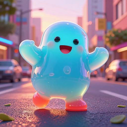 CGI image of a glowing, blue, blob-like ghost with a cheerful face, raised arms, and red feet, standing on a sunlit,