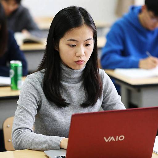 Focused Asian Woman in Classroom Setting