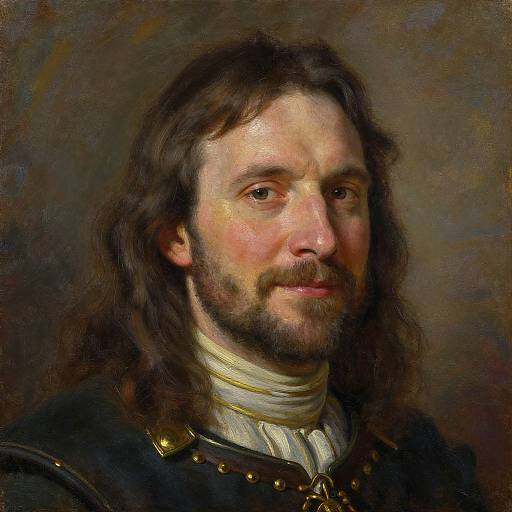 Photorealistic painting of a middle-aged white man with long brown hair, beard, and mustache, wearing a dark military-style uniform with gold buttons
