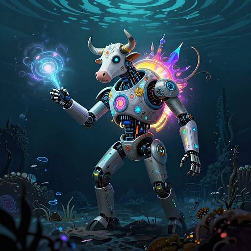 Digital art: Robotic bull with glowing, colorful circuits and horns, casting a blue orb in a dark, underwater ocean environment.