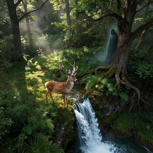 Photograph of a majestic deer with large antlers standing on a mossy rock beside a cascading waterfall in a dense, sunlit forest.
