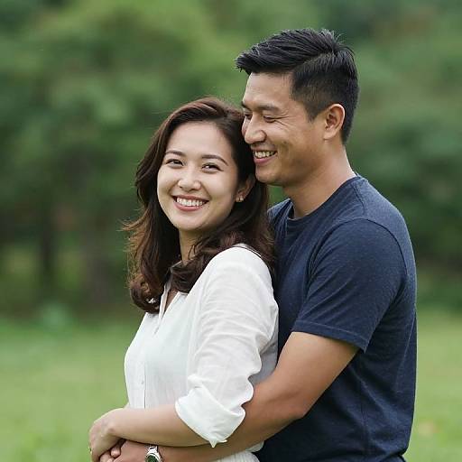 Photograph of a smiling Asian couple in a green field, with the man hugging the woman from behind, both wearing casual clothes.
