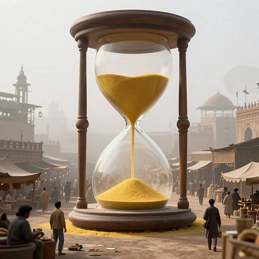 Photorealistic CGI of a giant hourglass with yellow sand in a bustling Indian marketplace, people walking around, traditional buildings in the background.