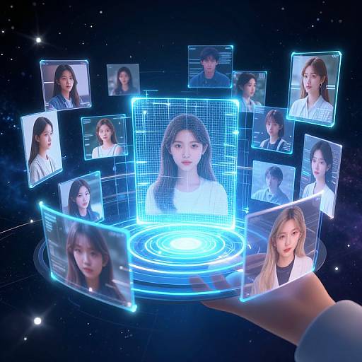 Digital CGI image of a glowing blue holographic interface displaying multiple portraits of young Asian women with long hair, set against a starry black background. A