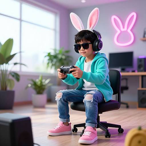 Photograph of a young man with black hair, bunny ears headband, black sunglasses, blue hoodie, ripped jeans, and pink sneakers, gaming in