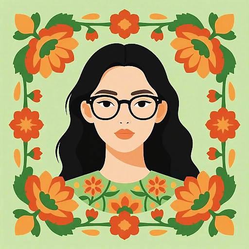 Stylized Woman Portrait with Floral Frame