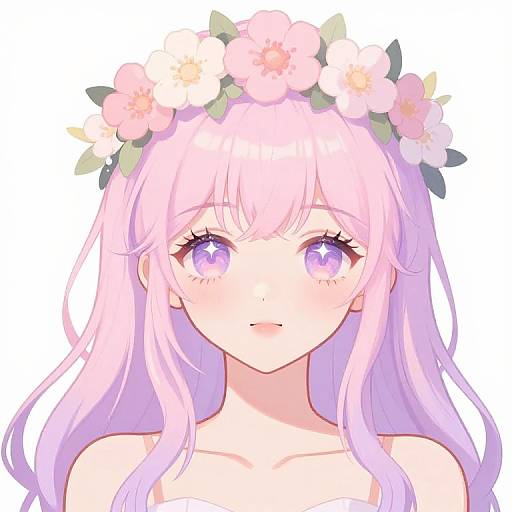 Digital anime-style portrait of a pink-haired girl with large, sparkling purple eyes, wearing a floral crown, and a strapless top.