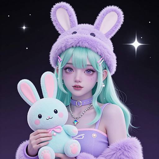 Digital anime-style portrait of a mint-green-haired girl with bunny ears hat, holding a white bunny plushie, wearing pink and purple accessories, against a