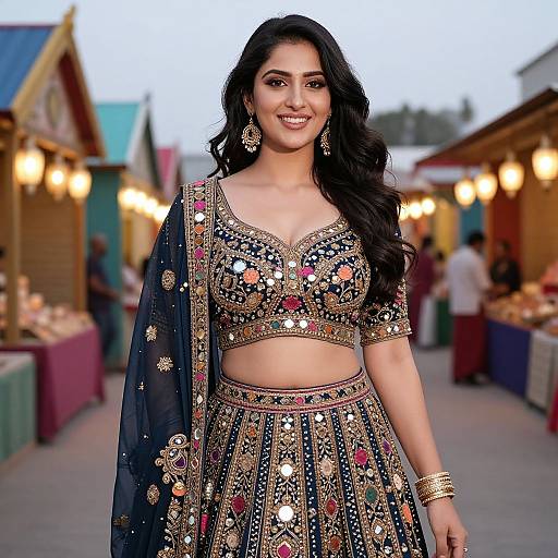 Photograph of a smiling South Asian woman with long black hair, wearing an ornate, sequined black and gold traditional outfit, standing in a colorful