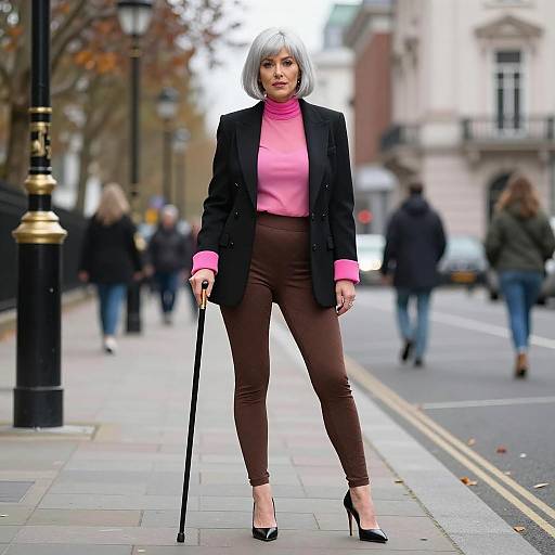 Elegant Woman with Silver Hair on City Street