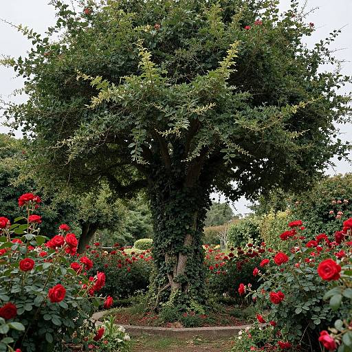 Photograph of a lush garden with a large, ivy-covered tree centered, surrounded by vibrant red roses in full bloom.
