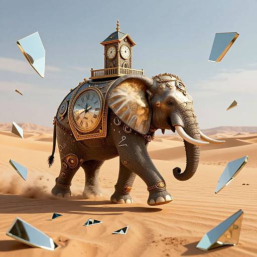 Digital artwork of an ornate, clock-adorned elephant with large tusks, standing in a desert, surrounded by floating mirror fragments under a bright