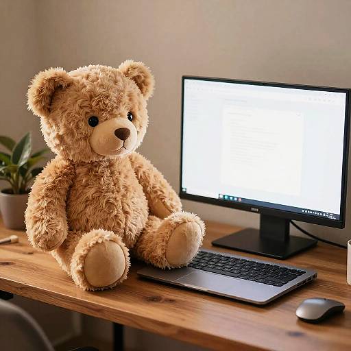 Teddy Bear Beside Laptop on Wooden Desk