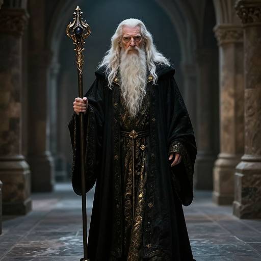 Photograph of an elderly wizard with long white beard, wearing a black ornate robe and holding a gold-trimmed staff, standing in a dim