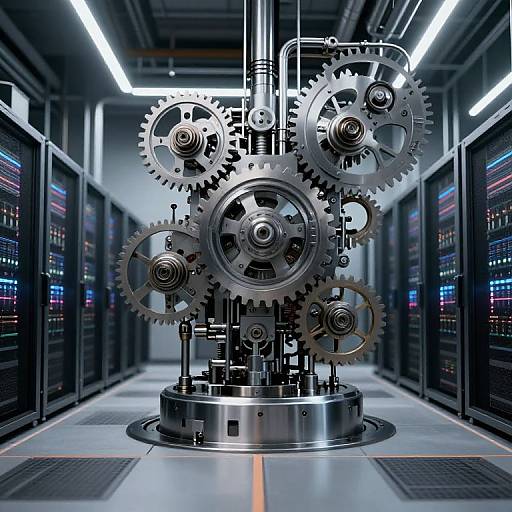 Photograph of intricate, metallic gear mechanism centered in futuristic, dimly lit server room with rows of illuminated computer racks.