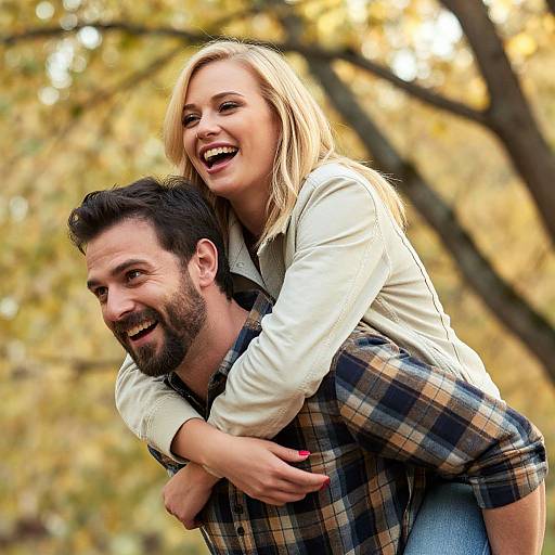 Photograph of a smiling blonde woman hugging a bearded man from behind in a plaid shirt, both standing in a sunlit autumn forest.