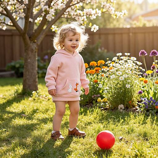 Photograph of a curly-haired toddler in a pink hoodie, standing on grass with a red ball, surrounded by colorful flowers and a tree, bathed