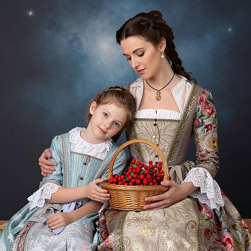 Photograph of a fair-skinned woman in a floral, Victorian-style dress holding a wicker basket of strawberries, with a young girl in a light