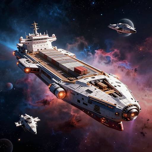 CGI image of a white, starship Enterprise-style spacecraft with glowing engines, surrounded by space nebula and three smaller ships, floating in a colorful