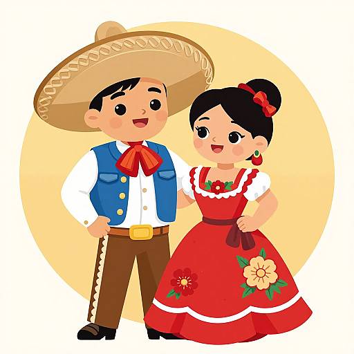 Cartoon-style illustration of a Mexican couple: he wears a sombrero, blue vest, brown pants; she wears a red dress with floral details,