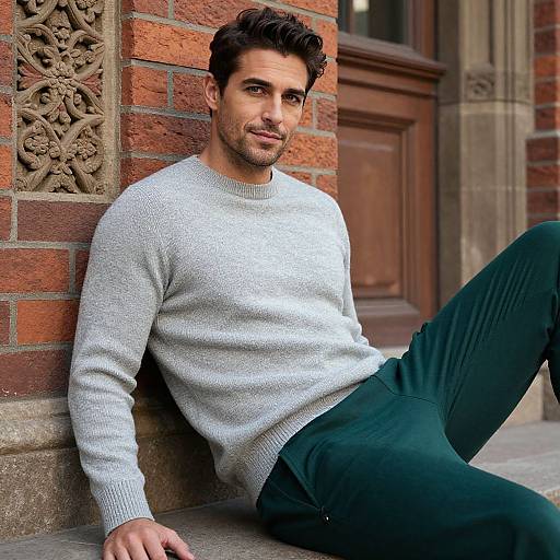 Photograph of a handsome, dark-haired man with light stubble, wearing a light gray sweater and green pants, leaning against a brick building with orn