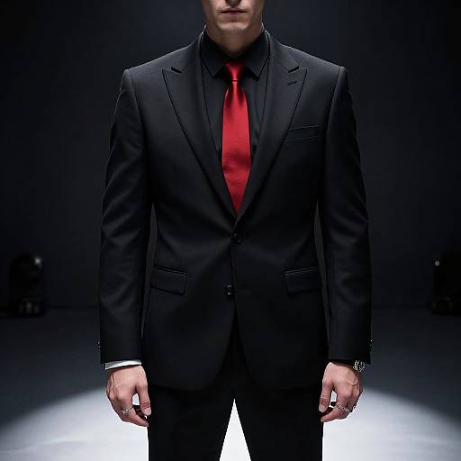Photograph of a man in a black suit with a bright red tie, standing in a dark, spotlight-lit runway.