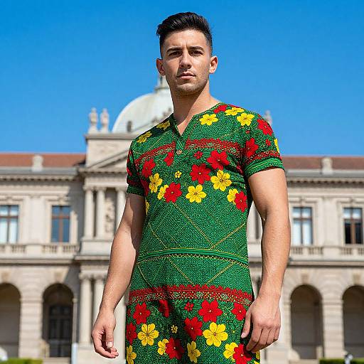 Photograph of a muscular man with short black hair, wearing a green, short-sleeved, floral-patterned outfit with red and yellow flowers,