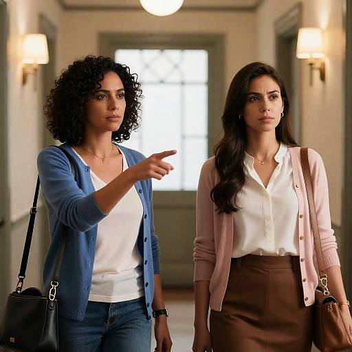 Photograph of two women in a hallway; curly-haired woman in blue cardigan points, straight-haired woman in pink cardigan and brown skirt.
