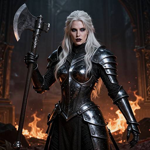 Digital artwork of a fierce, fair-skinned blonde woman in shiny black armor, holding a large axe, standing in front of a blazing fire in a