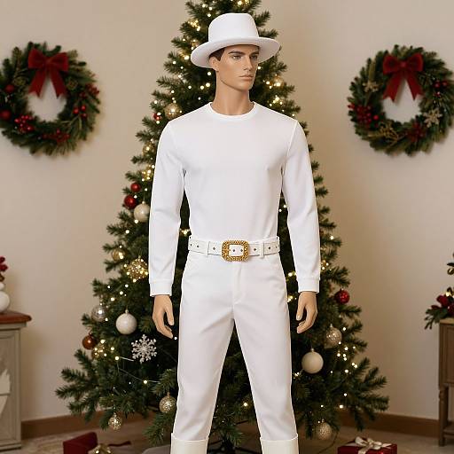 Photograph of a male mannequin in white attire, white hat, and belt, standing in front of a decorated Christmas tree with two wreaths