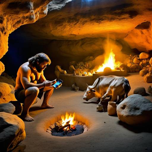 Neanderthal Man Using Smartphone in Cave