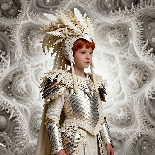 Young child with red hair in elaborate, metallic medieval armor with feathered helmet, stands against a swirling, abstract gray background.