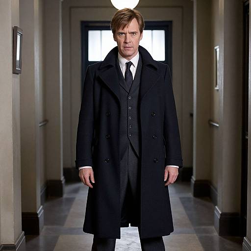 Photograph of a serious-looking man with brown hair, wearing a black double-breasted coat, white shirt, and black tie, standing in a dim