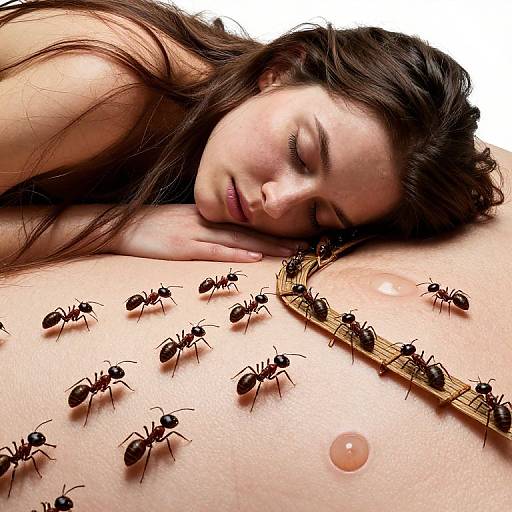 Photograph of a sleeping woman with long brown hair, lying on a bare chest covered in numerous black ants and a small ant hill.
