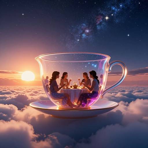 Digital artwork of six silhouetted figures in a giant transparent teacup, floating on clouds at sunset, with a starry galaxy backdrop.