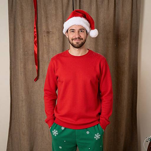 Photograph of a smiling bearded man wearing a red Santa hat, red sweater, and green Christmas pants with white snowflakes, standing against a