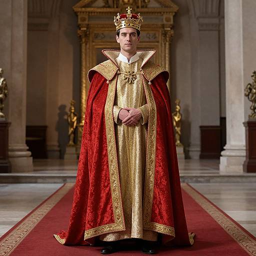 Photograph of a fair-skinned man in an ornate gold and red regal robe, crown, standing in a grand, marble-lined hall.