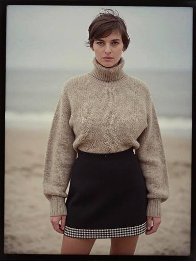 Photograph of a young woman with short brown hair, wearing a beige turtleneck sweater and black skirt with a checkered hem, standing on a