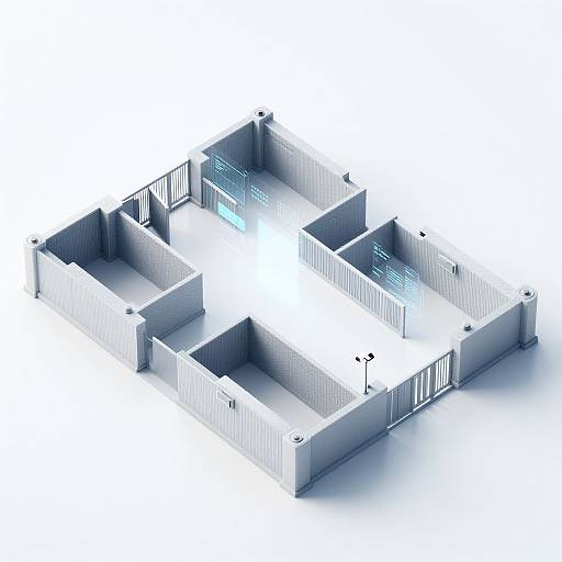 Isometric digital illustration of a white, minimalist, four-room house with blue accents, featuring a central hallway and small windows.