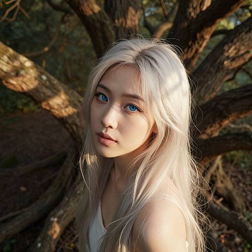 Photograph of a young woman with long, platinum blonde hair and striking blue eyes, standing in front of a large, sunlit tree with dark,