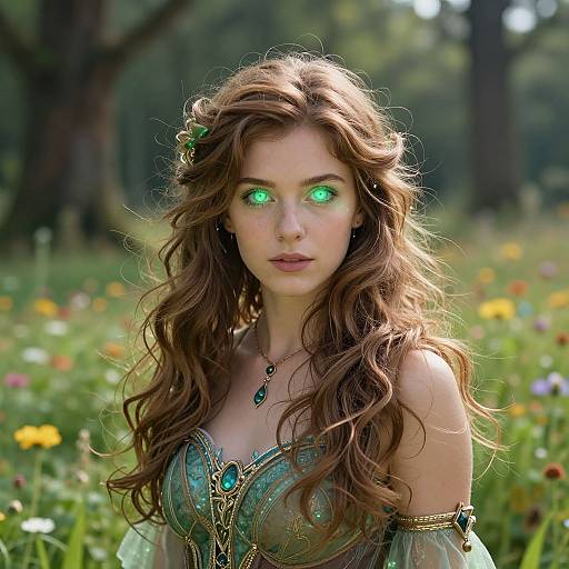 Photograph-style digital artwork of a fair-skinned woman with glowing green eyes, long wavy brown hair, wearing a green, gold-accented