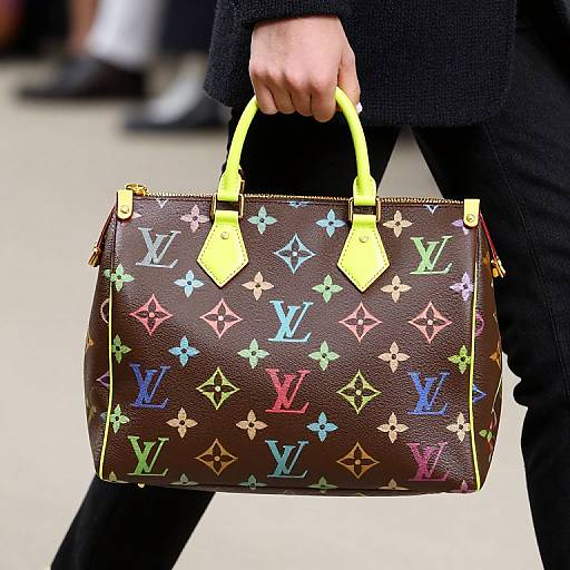 Photograph of a hand holding a colorful Louis Vuitton handbag with yellow handles, featuring multicolored logos and symbols on a brown background.