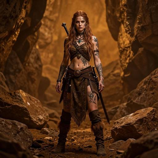 Photograph of a tattooed, fierce woman with long brown hair, wearing tribal-style leather armor, standing in a dimly lit rocky cave with a