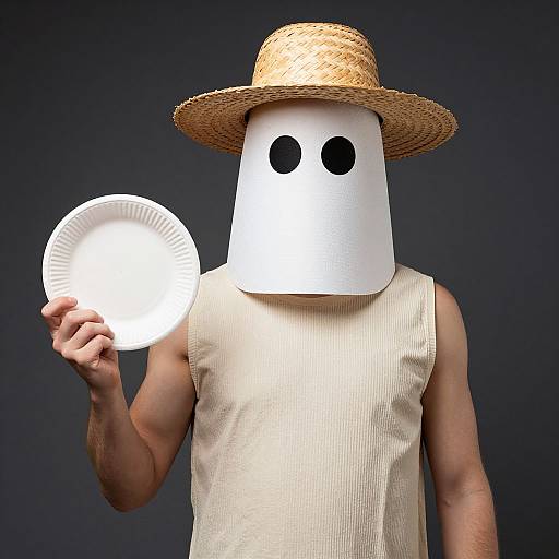 Man in Straw Hat with Paper Plate Costume