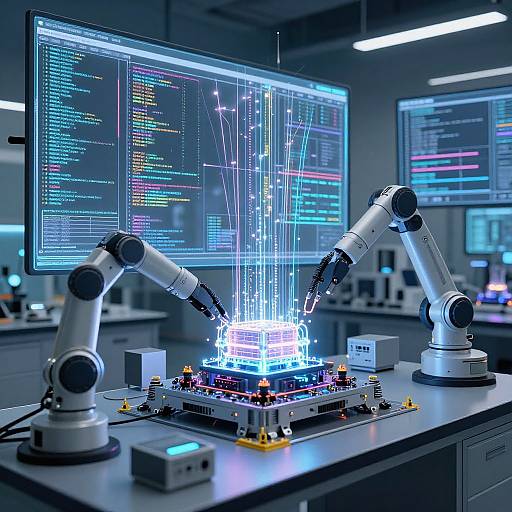 Photograph of a high-tech laboratory with three robotic arms, focused on a glowing blue circuit board emitting bright light, surrounded by illuminated computer screens displaying code